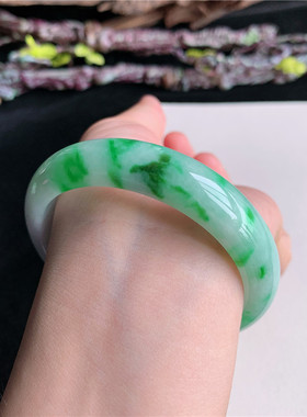 6月新品 鸿玉翡翠57圈口冰糯种紫底飘阳绿正圈玉手镯女款45JJ0617