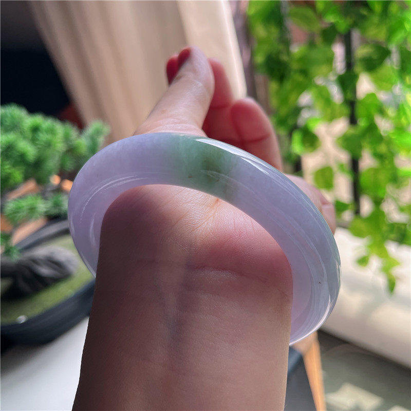 10月新品鸿玉翡翠55圈口冰糯种紫罗兰飘绿圆条玉手镯女款41F71021