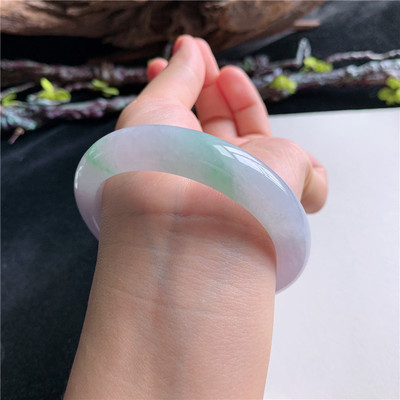 8月新品 鸿玉翡翠56圈口冰糯种紫底飘阳绿正圈玉手镯女款5Q70810
