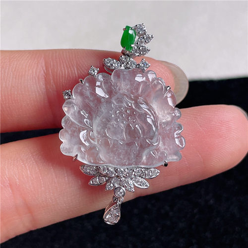 9月新品 鸿玉翡翠18k金镶嵌冰种起光白冰花开富贵精美吊坠 G50921
