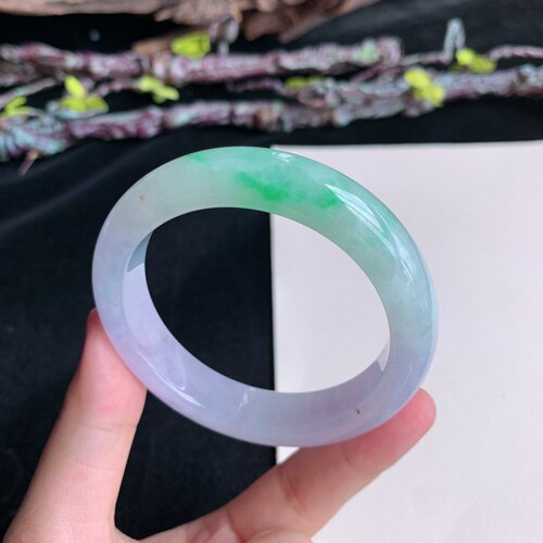8月新品鸿玉翡翠51圈口冰糯种紫罗兰飘阳绿正圈手镯女款19L50808