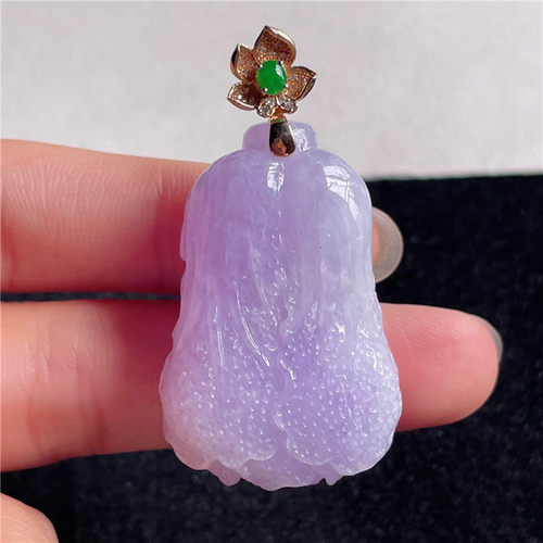 9月新品 鸿玉翡翠18k金镶嵌冰糯种紫罗兰白菜精美吊坠 正品A40921
