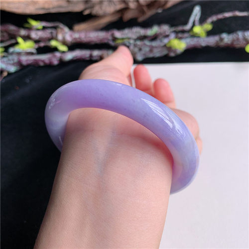 7月新品 鸿玉翡翠54圈口冰糯种紫罗兰圆条玉手镯女款正品21F70630