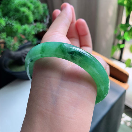 9月新品 鸿玉翡翠58圈口冰种飘阳绿花正圈玉手镯女款正品6Q50909