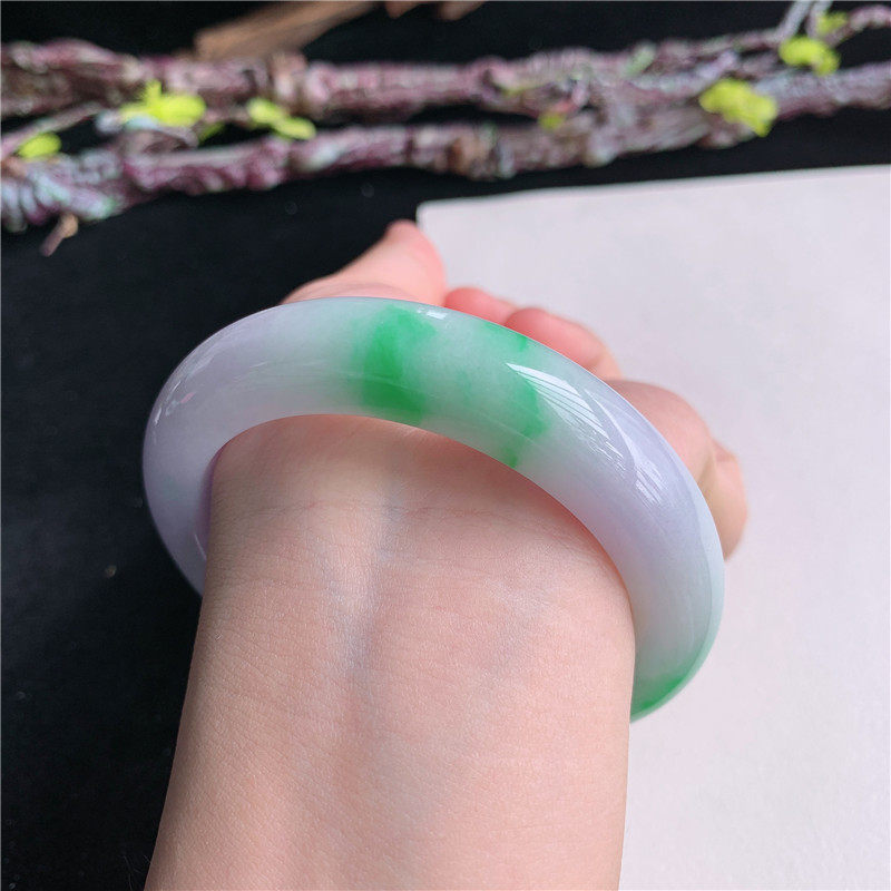 5月新品鸿玉翡翠56圈口冰糯种紫罗兰飘阳绿正圈玉手镯女款1B20518