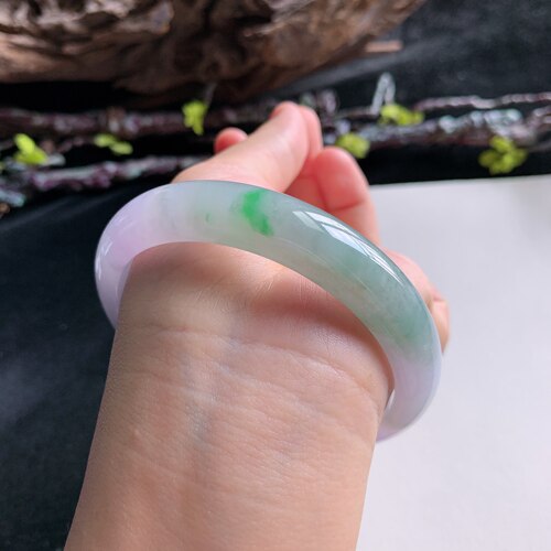 8月新品 鸿玉翡翠63圈口冰糯种紫底飘阳绿正圈玉手镯女款11G60812