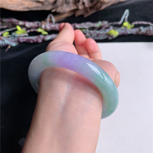 7月新品 鸿玉翡翠54圈口冰糯种春带彩圆条玉手镯女款29T20724