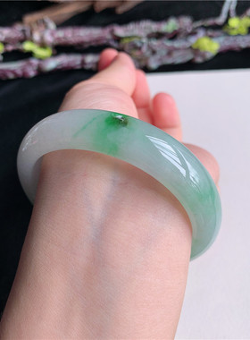 7月新品 鸿玉翡翠56圈口冰糯种飘阳绿正圈玉手镯女款正品2X70704