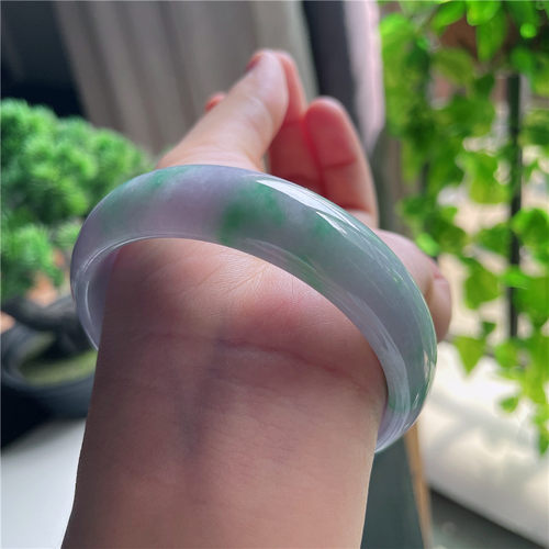 10月新品鸿玉翡翠59圈口冰糯种紫底飘阳绿正圈玉手镯女款10W41008