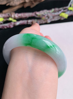 5月新品 鸿玉翡翠54圈口冰糯种飘阳绿正圈玉手镯女款正品3C70518