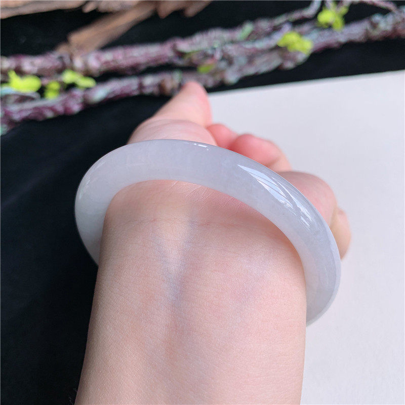 5月新品 鸿玉翡翠53圈口冰糯种飘紫圆条玉手镯女款正品4A50528