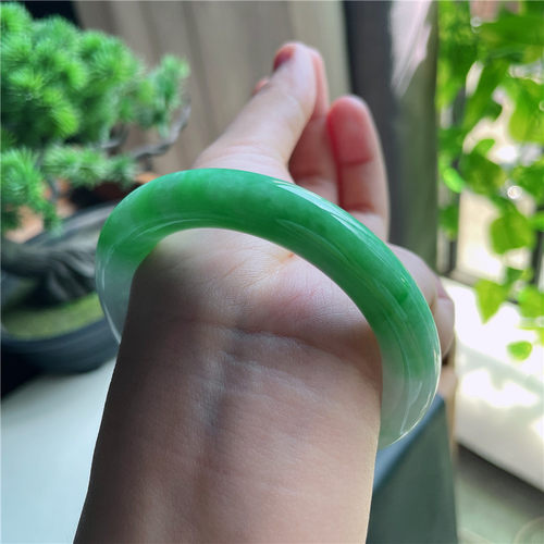 10月新品 鸿玉翡翠54圈口冰糯种飘阳绿圆条玉手镯女款正品7G61007