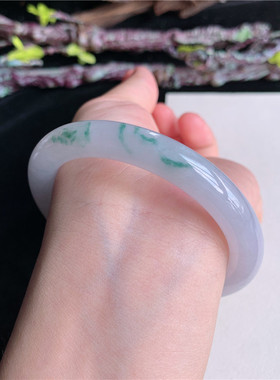 6月新品 鸿玉翡翠57圈口冰糯种紫底飘绿花正圈玉手镯女款15D10624