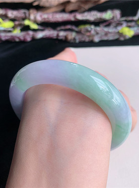 6月新品 鸿玉翡翠56圈口冰糯春带彩正圈玉手镯女款正品12G50603