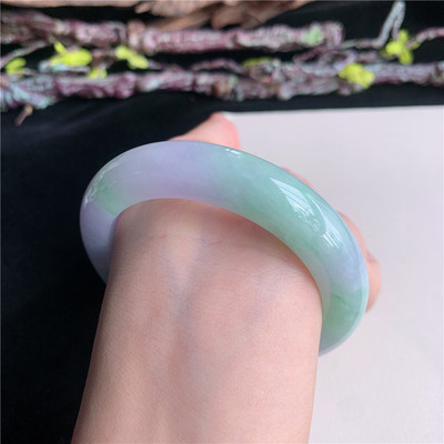 6月新品 鸿玉翡翠56圈口冰糯春带彩正圈玉手镯女款正品12G50603