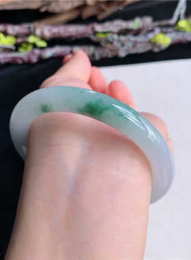 6月新品 鸿玉翡翠58圈口冰糯种飘绿花圆条玉手镯女款正品38JJ0622