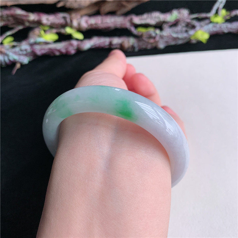5月新品 鸿玉翡翠53圈口冰糯种紫底飘阳绿正圈玉手镯女款5A50505