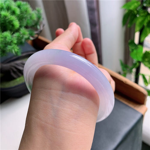 8月新品 鸿玉翡翠58圈口冰种紫罗兰飘绿圆条玉手镯女款26D10818