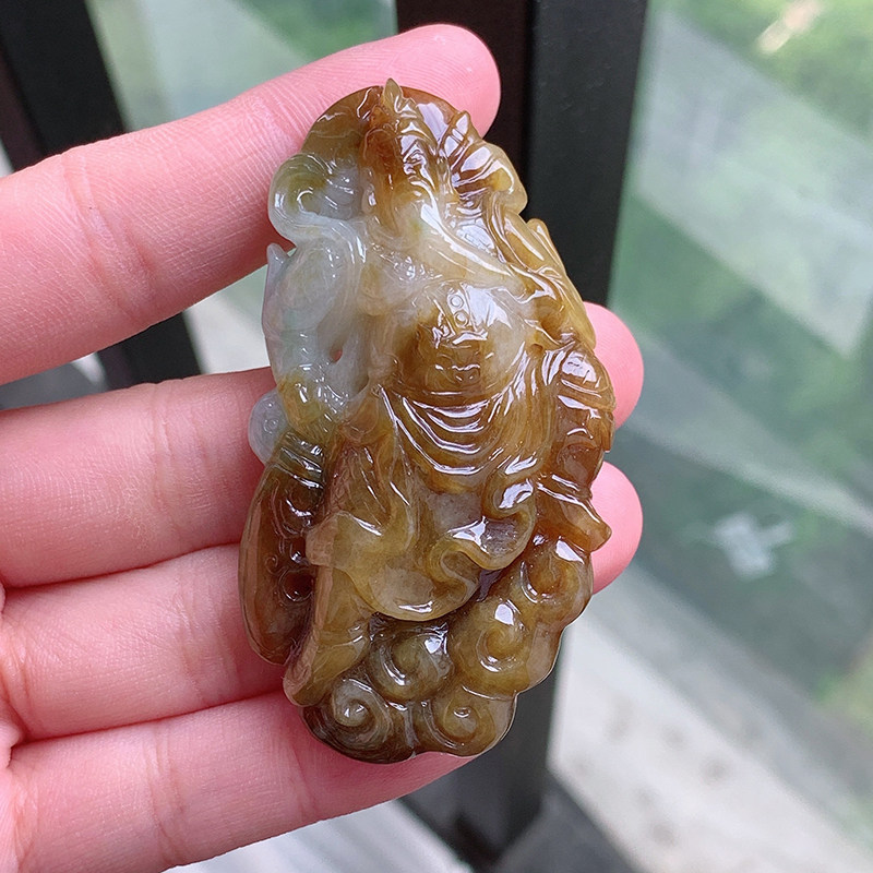 4月新品 鸿玉翡翠冰糯种飘黄翡关云长关公精美吊坠 正品A660418