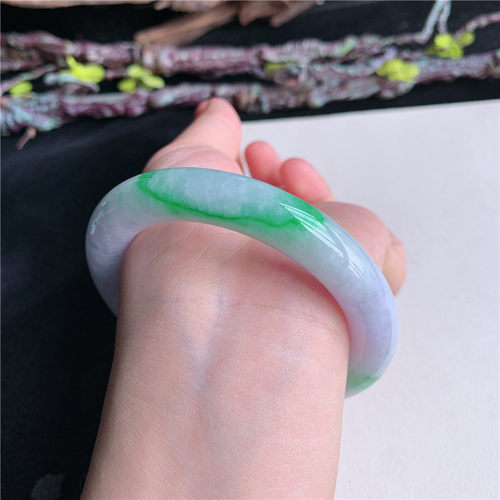 6月新品鸿玉翡翠56圈口冰糯种紫罗兰飘阳绿圆条玉手镯女款6K10612