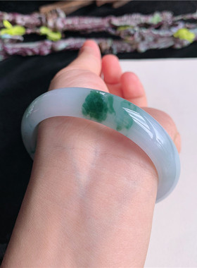 7月新品 鸿玉翡翠58圈口冰糯种飘绿花正圈玉手镯女款正品24JJ0706