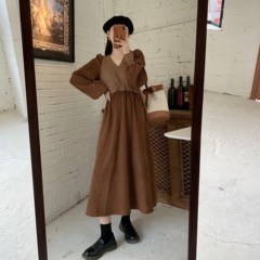 Real price real shot French dress autumn and winter temperament stitching soft skirt Hepburn style long skirt