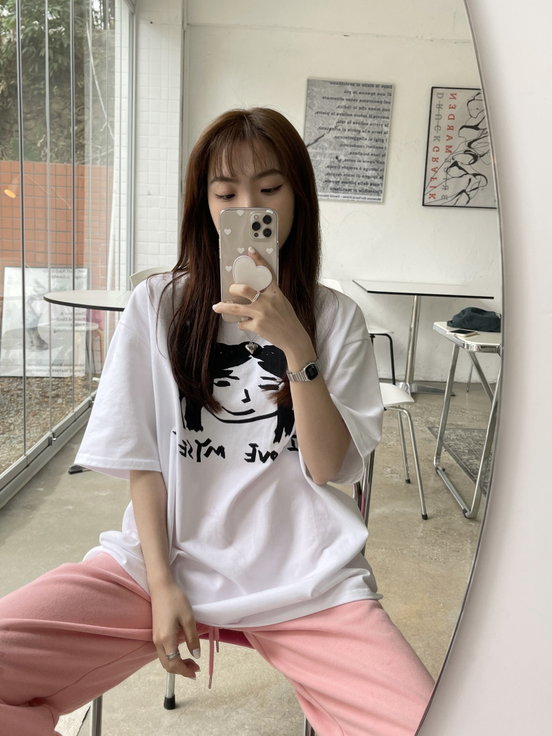 實價實拍自畫像卡通趣味白色t恤寬鬆慵懶風短袖內搭上衣