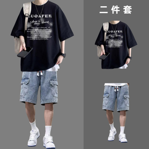 夏季男潮流印花T恤工装短裤套装