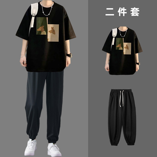 夏季男青少年短袖T恤束脚裤套装