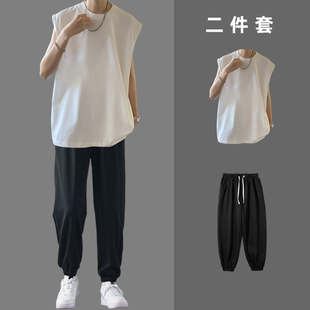 纯色背心搭配休闲九分裤 夏季 男士 运动套装 两件套 子青少年潮流无袖