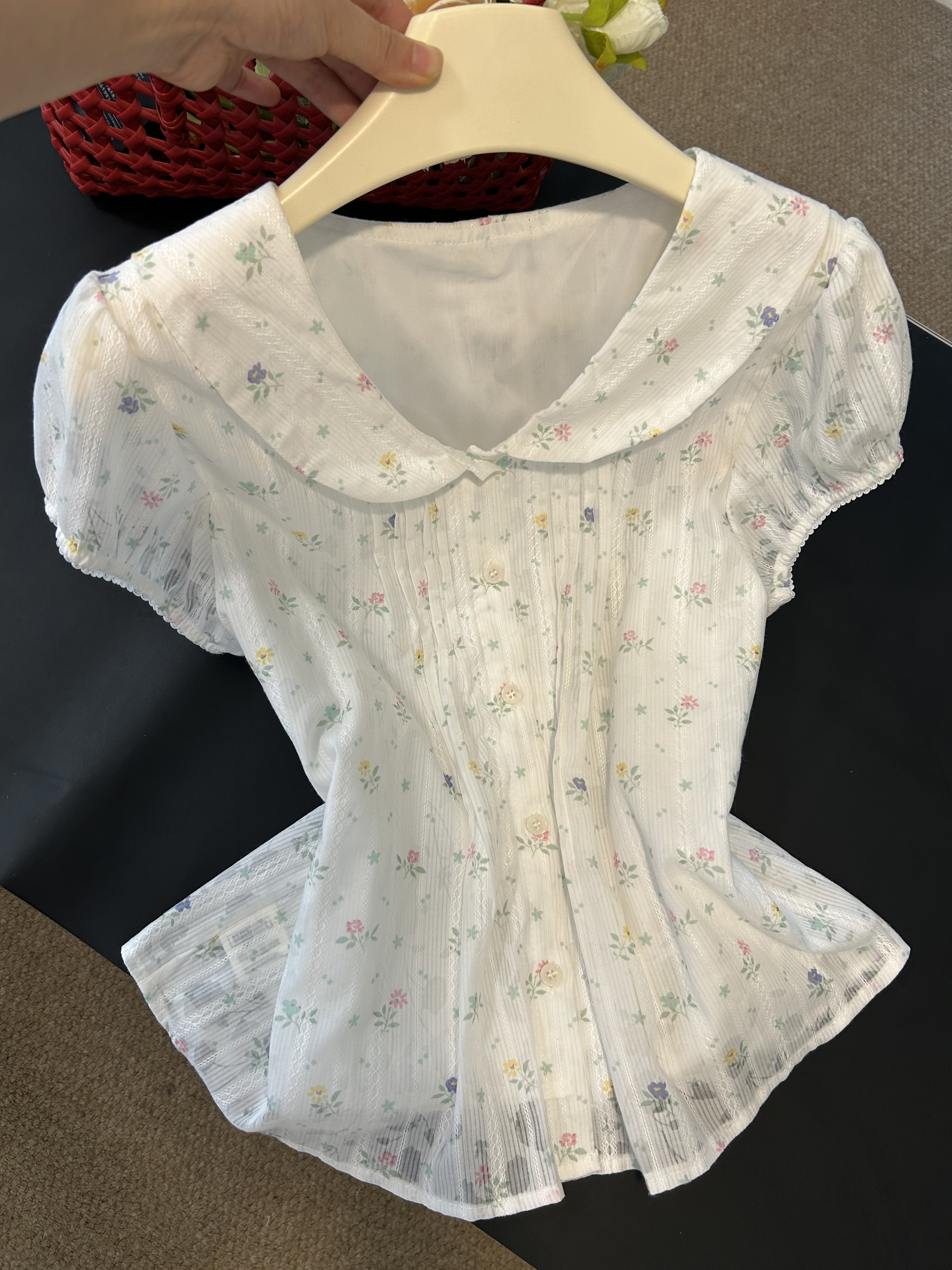 韩系娃娃领碎花甜美泡泡袖衬衫女夏季少女设计感减龄百搭漂亮上衣