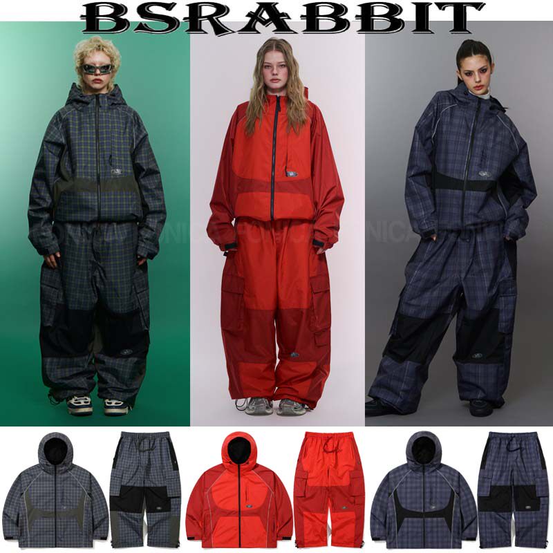 2627BSRABBIT韩国滑雪服防水男女款单板大红色格子拉链连帽开衫