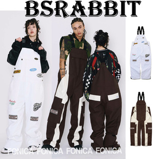 2526BSRABBIT韩国滑雪背带裤防水休闲宽松男女款耐磨白色棕色