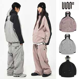 24USS2韩国滑雪服防水防风衣男女款单板双板连帽拉链保暖灰粉色3L