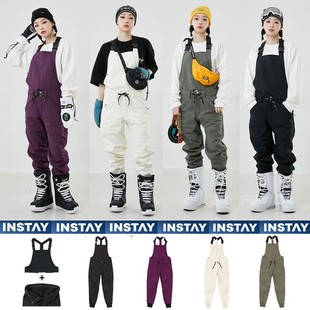INSTAY韩国滑雪背带裤单双板防水男女细缩腿款款白色服耐磨衣