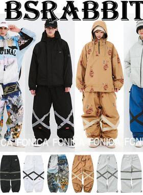24BSRABBIT韩国滑雪裤防水男女款耐磨膝盖X反光线灰色宽松胸兔子