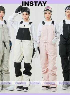 24INSTAY韩国滑雪背带裤男女款双板单板耐磨宽松防水蓝灰色休闲