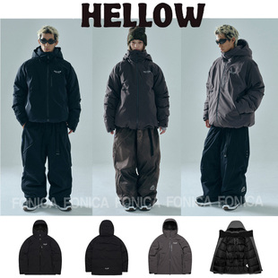 2526HELLOW韩国滑雪服羽绒防水保暖男女款单板连帽拉链黑色灰色