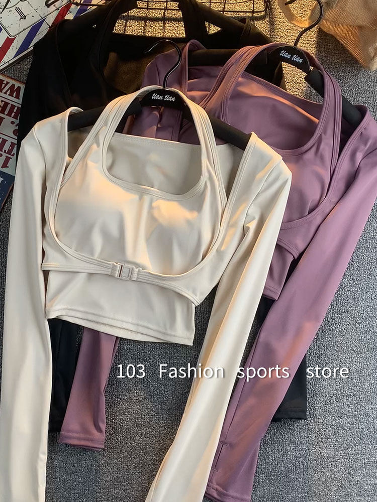 含胸垫瑜伽服长袖女网红健身衣速干t恤外穿紧身假两件运动上衣