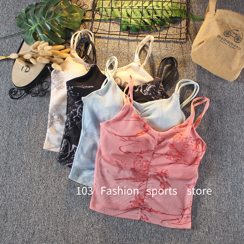 一体式运动背心女紧身内衣不跑杯固定式防震速干外穿瑜伽文胸网纱