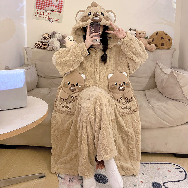 2026新款秋冬季睡袍女珊瑚绒加厚加绒卡通睡衣冬天连帽家居服套装