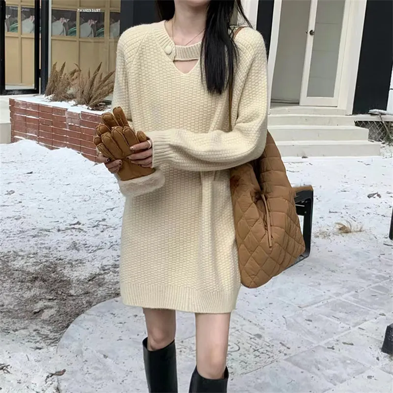 时尚亮丝宽松百搭上衣针织连衣裙女秋冬中长款内搭打底毛衣裙子