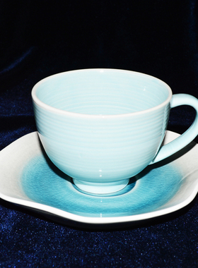蓝色圈咖啡杯碟套装 豪庭外贸陶瓷餐具 蓝色玻璃釉红茶水杯碟套装