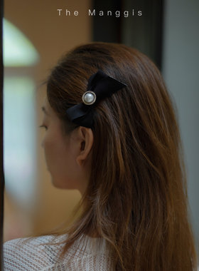 Manggis甜酷女孩 高级法式复古气质蝴蝶结珍珠发夹镀金丝绒边夹