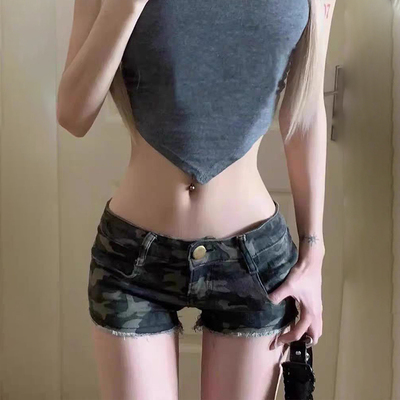 NRTR 美式复古vibe风迷彩毛边设计低腰显瘦包臀牛仔短裤 女款