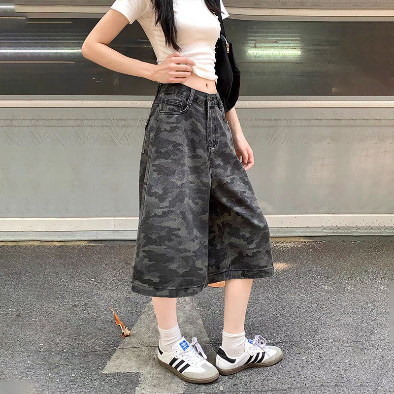 NRTR 美式复古vibe风迷彩工装高腰显瘦七分宽松阔腿牛仔短裤 女款