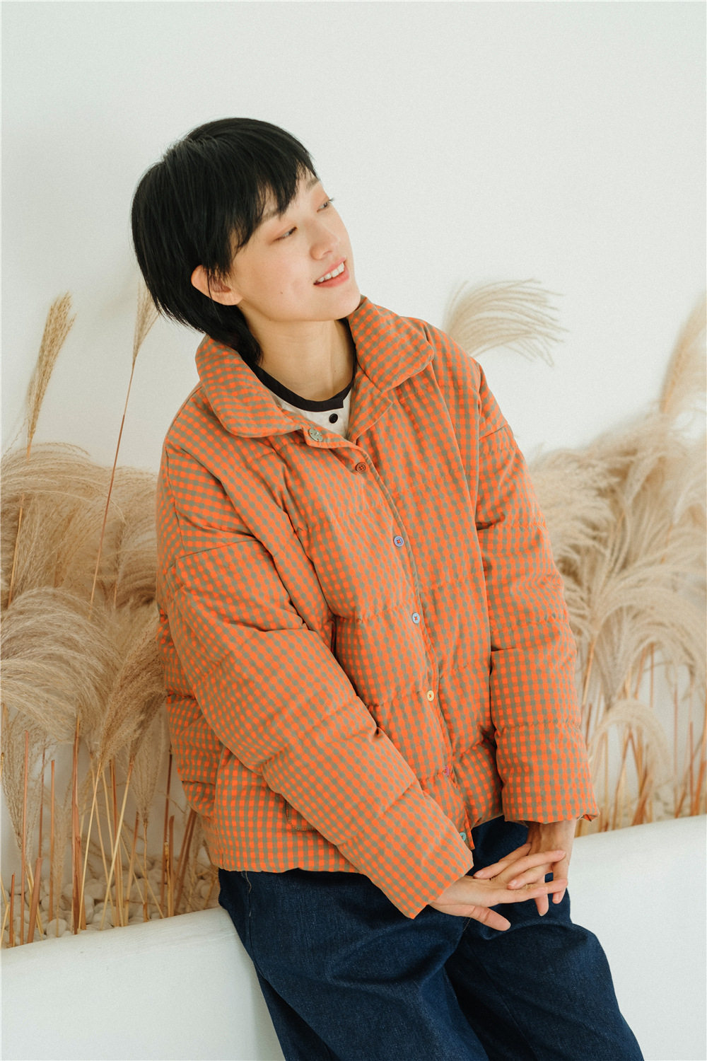 2025冬季新款白鹅绒短款羽绒服女高密棉娃娃领橘色格子面包服外套,女装/女士精品,羽绒服,淘宝优惠券,粉丝福利购,淘宝优惠卷