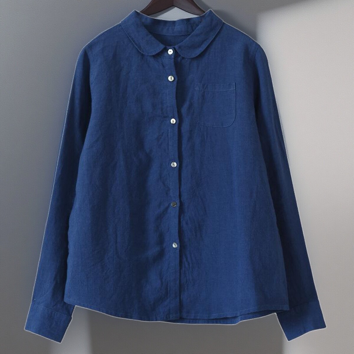 偏偏是蓝 空灵寂静  娃娃领减龄外套 纯亚麻蓝色文艺上衣衬衫