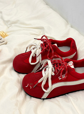 复古红色德训鞋女夏季韩新款阿甘鞋透气厚底板鞋百搭休闲小白鞋子