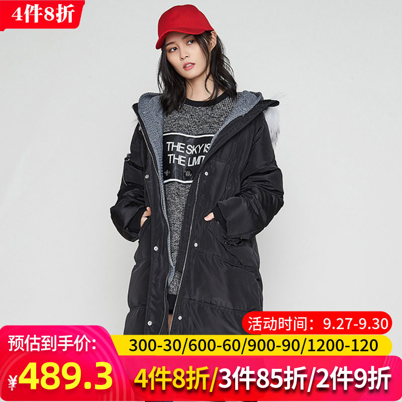 艾格官方旗舰店冬季新品女装纯色时尚中长款连帽羽绒服Y921